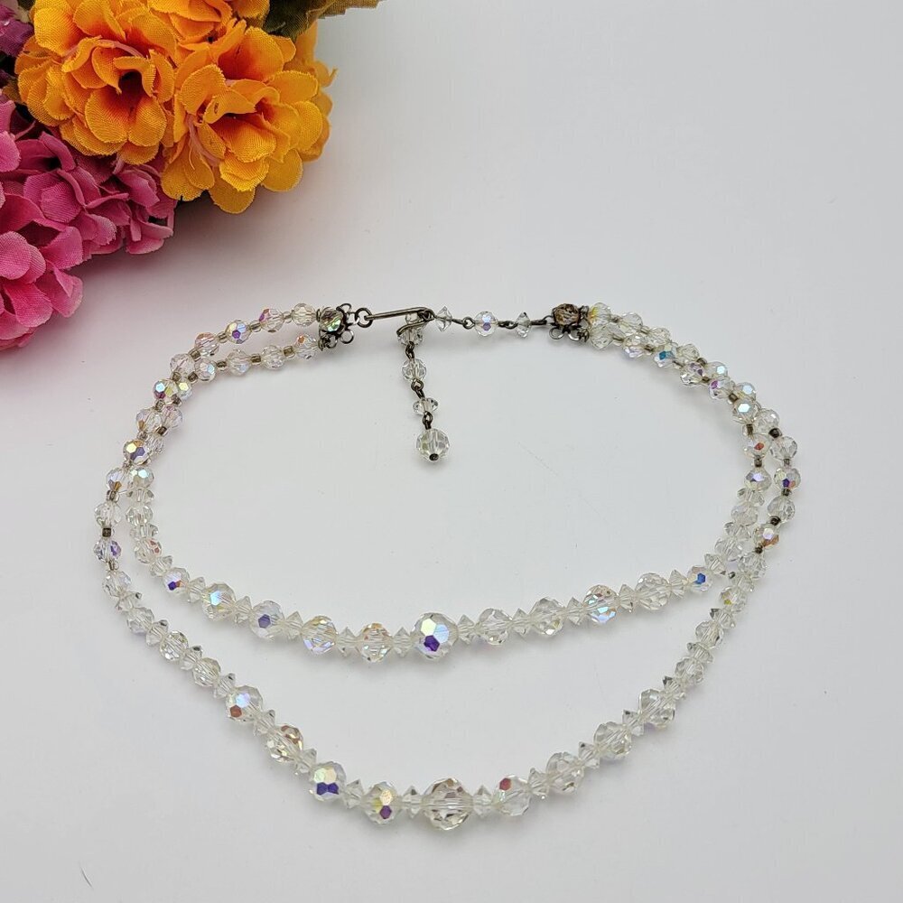 Vintage Clear Aurora Borealis Crystal Double Strand Beaded Necklace 15" Adj.